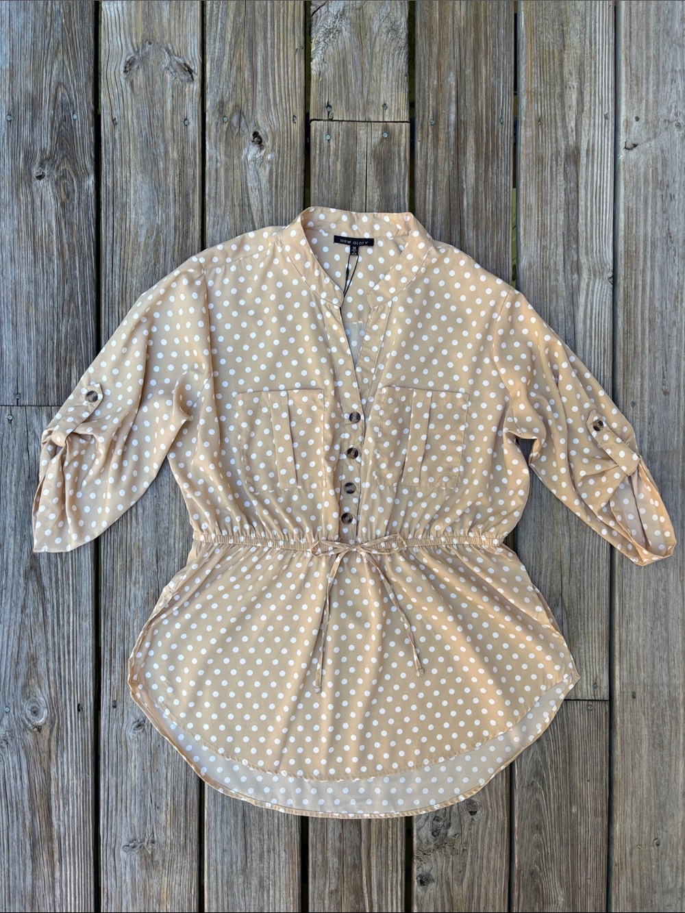 New Glory‎ Tan White Polka Dot Roll Tab Casual Brunch Tunic Blouse 1X NWT
